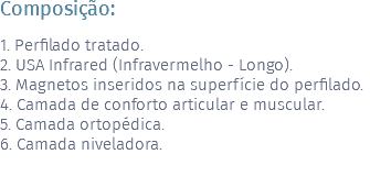 Composição: 1. Perfilado tratado. 2. USA Infrared (Infravermelho - Longo). 3. Magnetos inseridos na superfície do perfilado. 4. Camada de conforto articular e muscular. 5. Camada ortopédica. 6. Camada niveladora. 