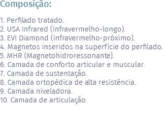 Composição: 1. Perfilado tratado. 2. USA Infrared (infravermelho-longo). 3. EVI Diamond (infravermelho-próximo). 4. Magnetos inseridos na superfície do perfilado. 5. MHR (Magnetohidroressonante). 6. Camada de conforto articular e muscular. 7. Camada de sustentação. 8. Camada ortopédica de alta resistência. 9. Camada niveladora. 10. Camada de articulação. 