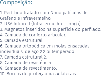 Composição: 1. Perfilado tratado com Nano patículas de Grafeno e Infravermelho. 2. USA Infrared (Infravermelho - Longo). 3. Magnetos inseridos na superfície do perfilado. 4. Camada de conforto articular. 5. Camada estrutural. 6. Camada ortopédica em molas ensacadas individuais, de aço 2.2 bi temperado. 7. Camada estrutural 2. 8. Camada de resistência. 9. Camada de revestimento. 10. Bordas de proteção nas 4 laterais. 