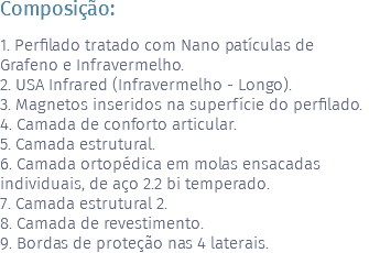 Composição: 1. Perfilado tratado com Nano patículas de Grafeno e Infravermelho. 2. USA Infrared (Infravermelho - Longo). 3. Magnetos inseridos na superfície do perfilado. 4. Camada de conforto articular. 5. Camada estrutural. 6. Camada ortopédica em molas ensacadas individuais, de aço 2.2 bi temperado. 7. Camada estrutural 2. 8. Camada de revestimento. 9. Bordas de proteção nas 4 laterais.